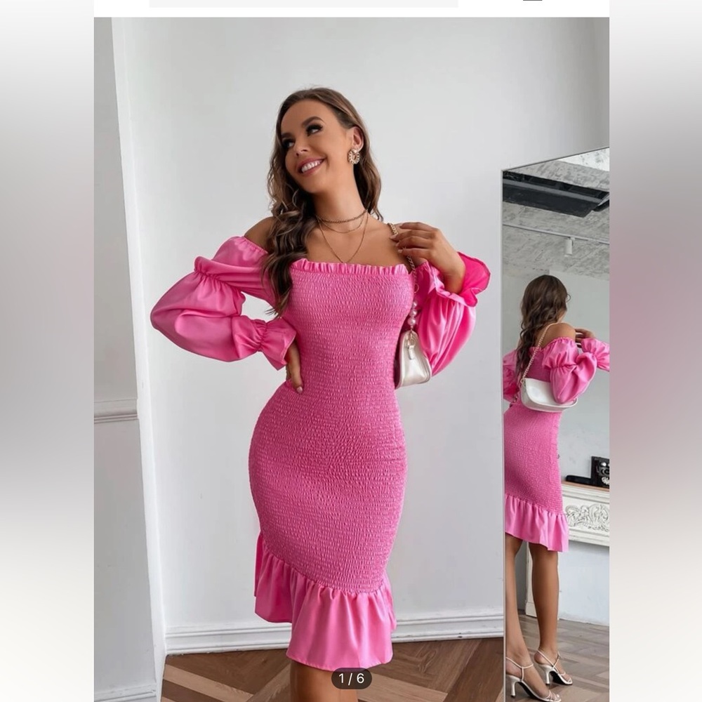 Off shoulder Shirred Ruffle Hem Bodycon pink Dress